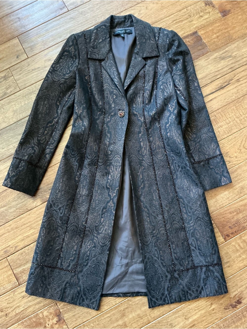 Carmen Marc Valvo Collection Black and Brown Pattern Long Coat, Beaded Detail, 2